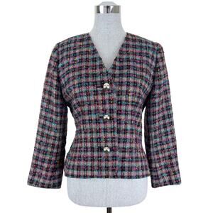 Vintage Jaeger Tweed Plaid Marled Woven Blazer Multi Silver Buttons Women's‎ 10